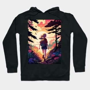 Girl trekking in the woods with a beautiful sunset effect Hoodie